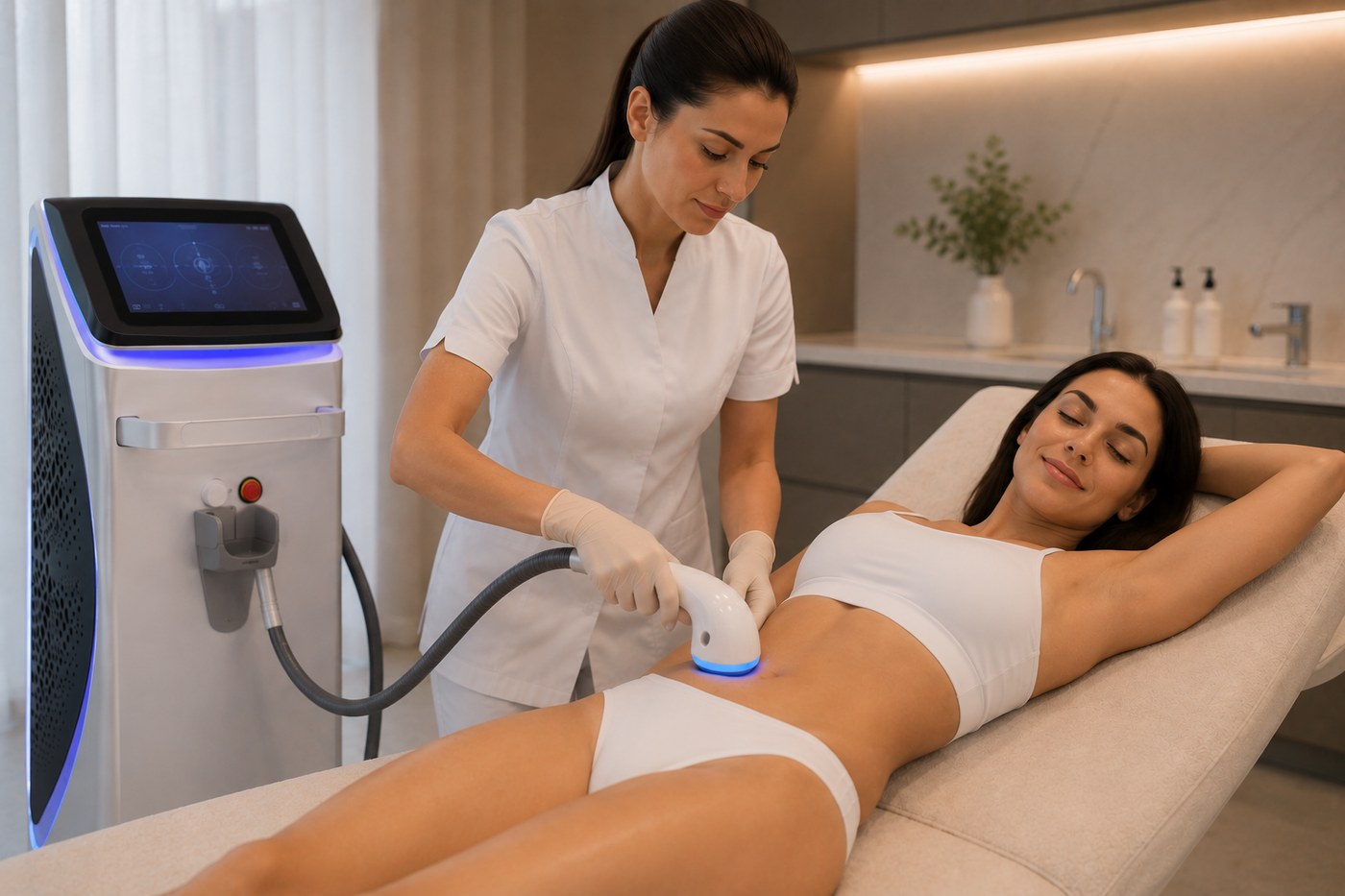 Illustration d'une séance d'épilation laser sur l'abdomen