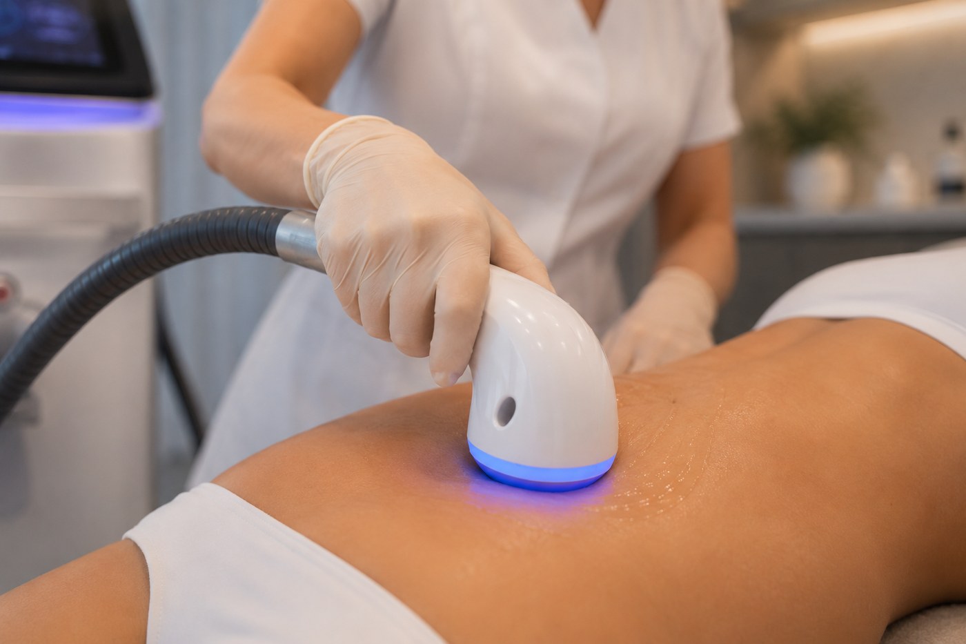 Illustration d'une séance d'épilation laser : pièce à main appliquée sur la peau